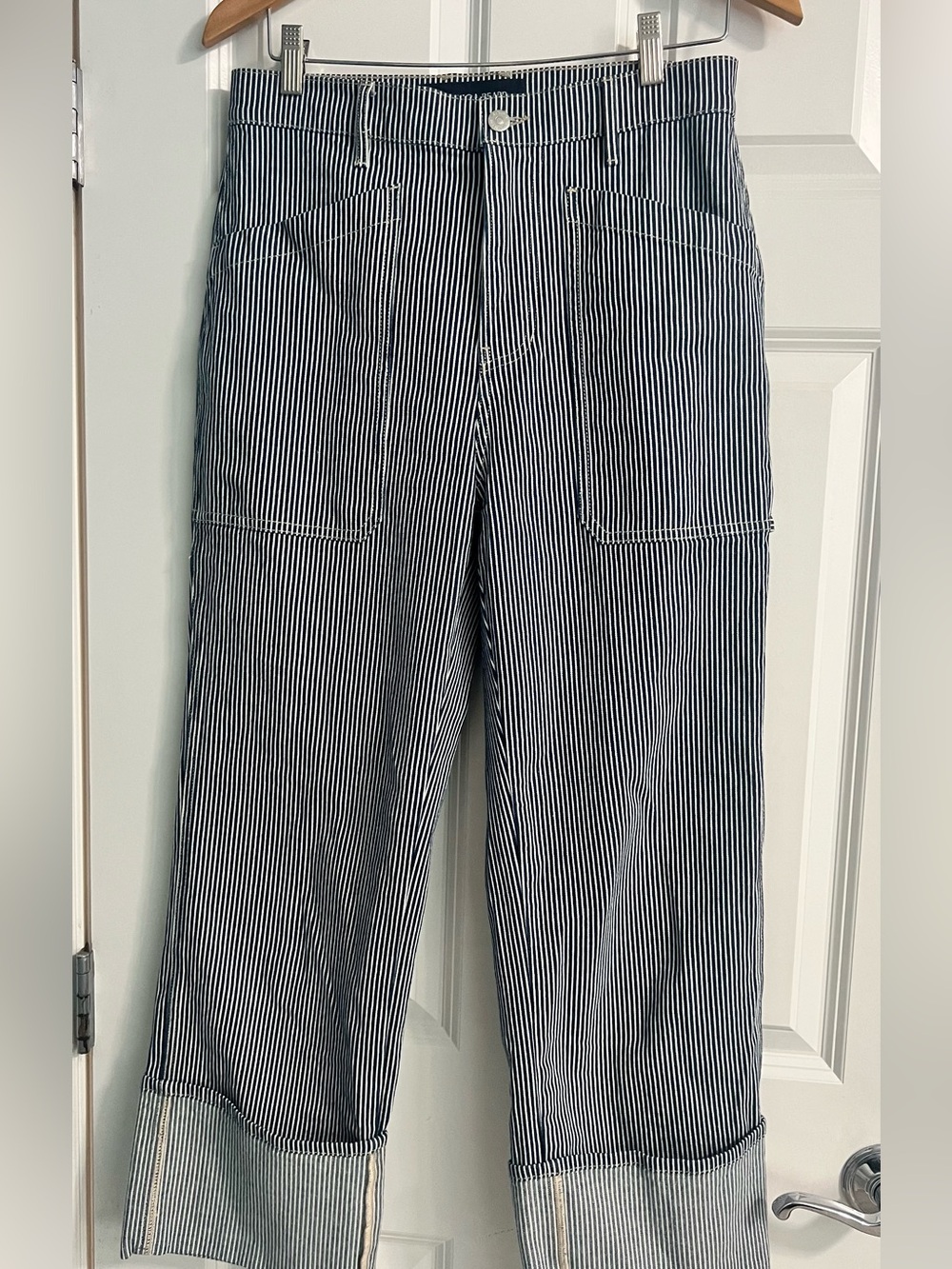 Veronica Beard Dylan Striped Cargo Straight-Leg Jeans